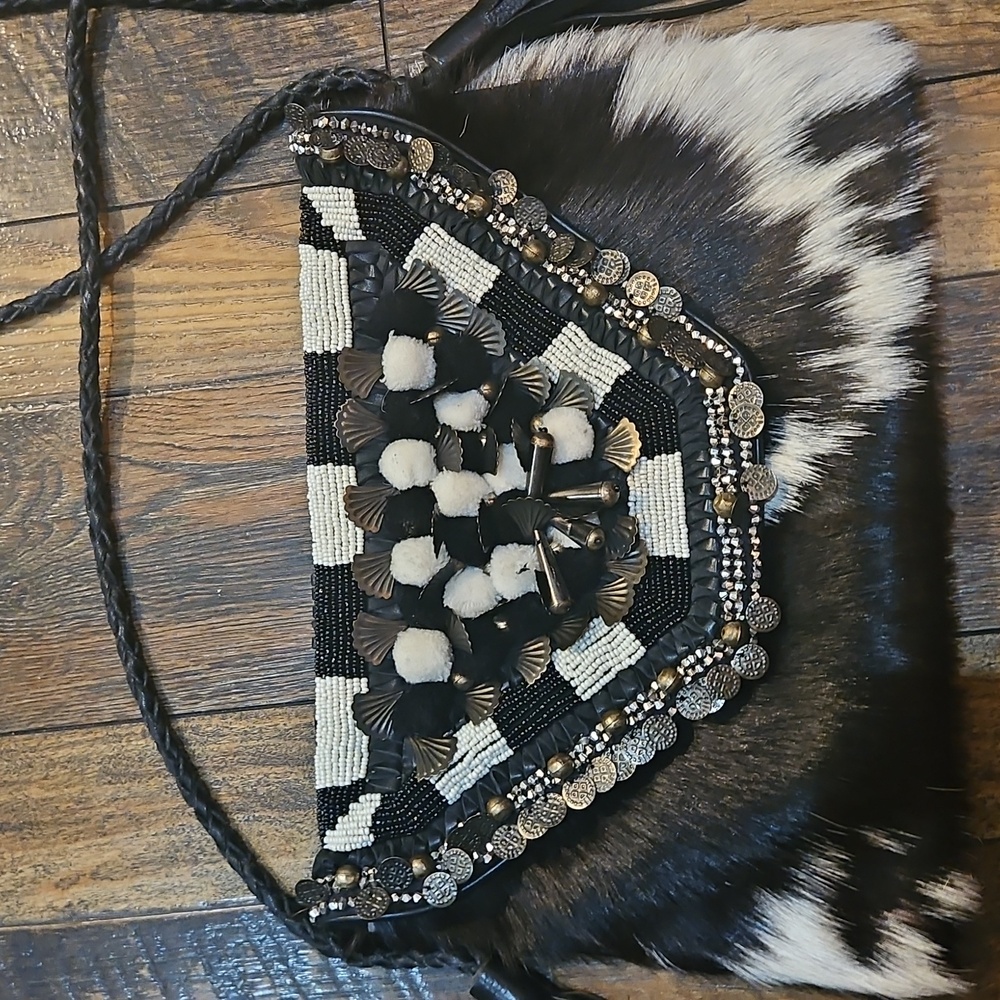 Anthropologie Ibban Calf Hair‎ Leather Black and White Beaded Women's Purse.